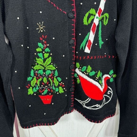 Vintage Ship N Shore Sport Christmas Cardigan Embellished Ugly Sweater Black - Picture 5 of 10